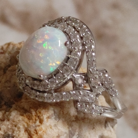 SJD 925 Opal and Diamond Pavers Ring Size 8 - Picture 11 of 11